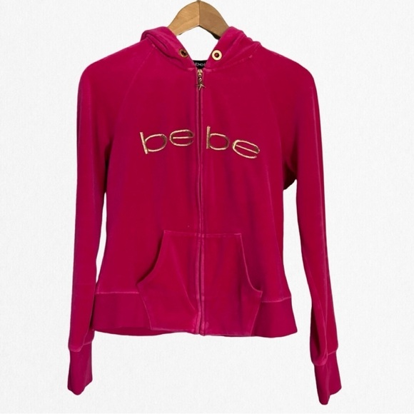 Bebe Women’s Hot Pink Valour with Gold Accents Zip-Up Hoodie Size Medium - Picture 1 of 4